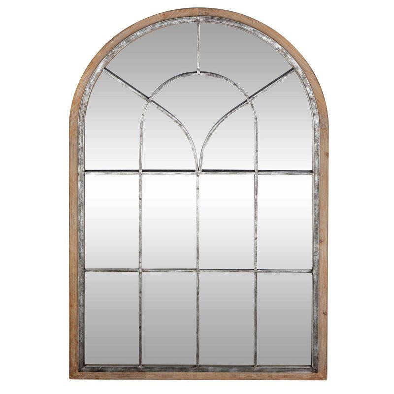 Glass Window Pane Inspired Wood Wall Mirror with Arched Top Brown - Olivia & May: Distressed Whitewash Finish, No Assembly Required