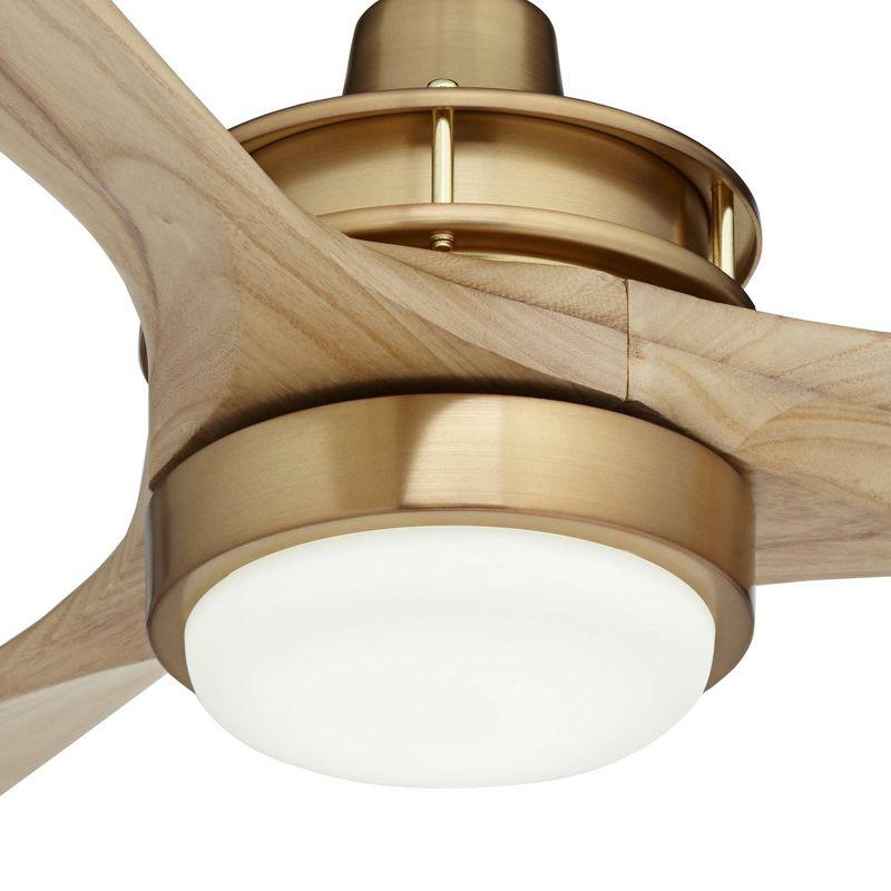 Casa Vieja 52" Windspun Modern Indoor Ceiling Fan 3 Blade LED Light Remote Control Soft Brass Finish Natural Wood Blades Bedroom Living Room Kitchen