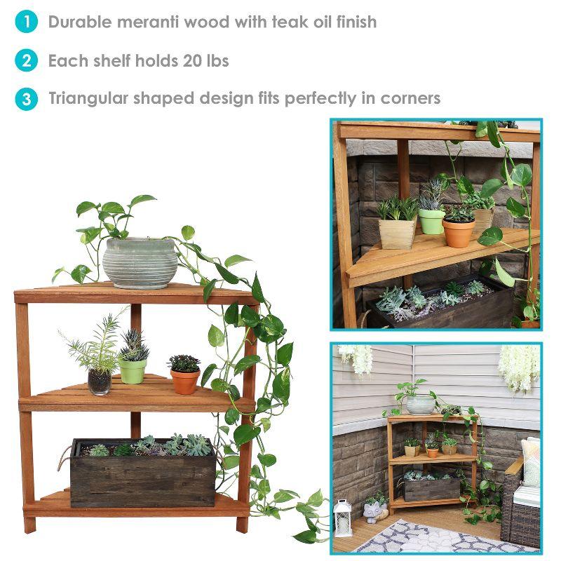 Sunnydaze Indoor/Outdoor Meranti Wood with Teak Oil Finish 3-Tiered Corner Flower Plant Stand Shelf Display - 36" - Brown