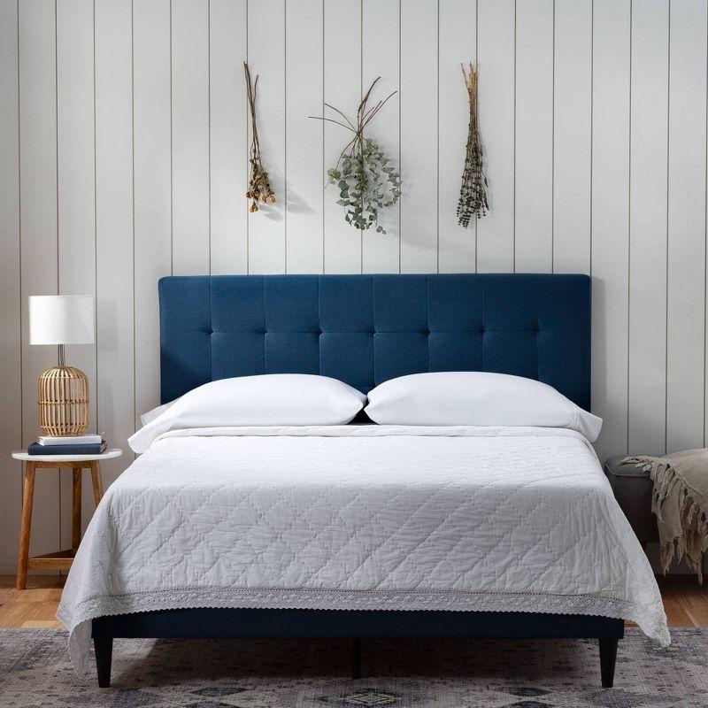 King-Sized Navy Linen-Tufted Upholstered Platform Bed with Wooden Slats