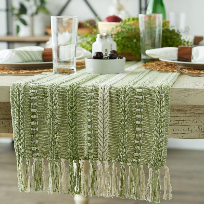 Design Imports  Braided Stripe Jacquard Fringe Table Runner, 15X108", Antique Green