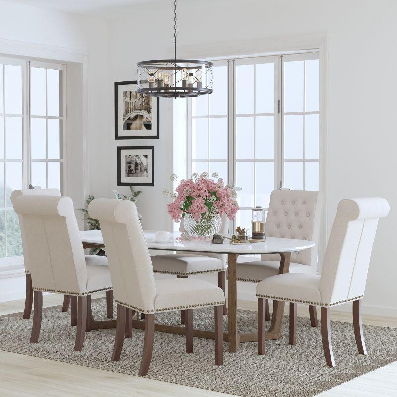 Flash Furniture Set of 6 HERCULES Series Beige Fabric Parsons Chairs with Rolled Back, Accent Nail Trim and Walnut Finish