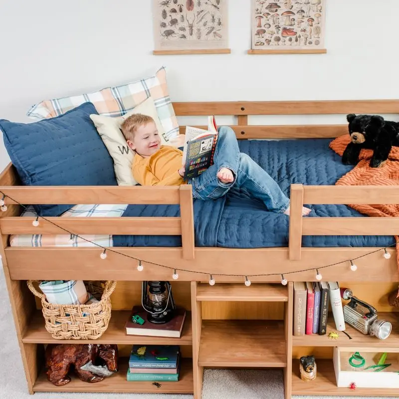 Max & Lily Loft Bed Twin Size, Solid Wood Low Loft Bed with 2 Bookcases and Ladder, Modern Farmhouse Loft Bed for Kids