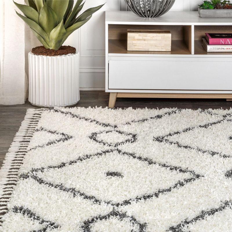 3'x5' Mercer Shag Plush Tassel Moroccan Diamond Area Rug, Cream/Grey - JONATHAN Y