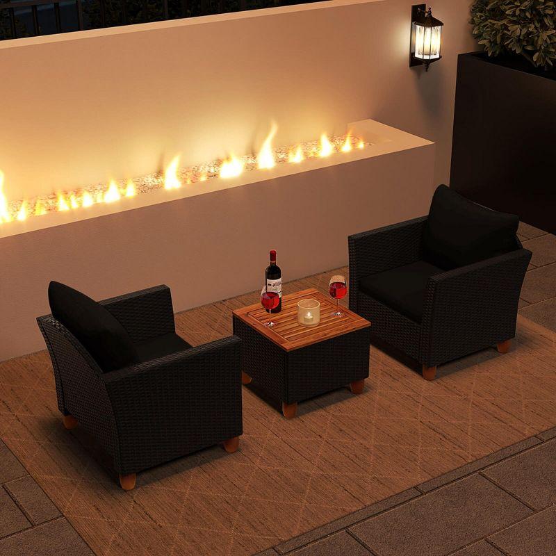 Costway 3PCS Outdoor Patio Rattan Furniture Set Wooden Table Top Cushioned Sofa Black