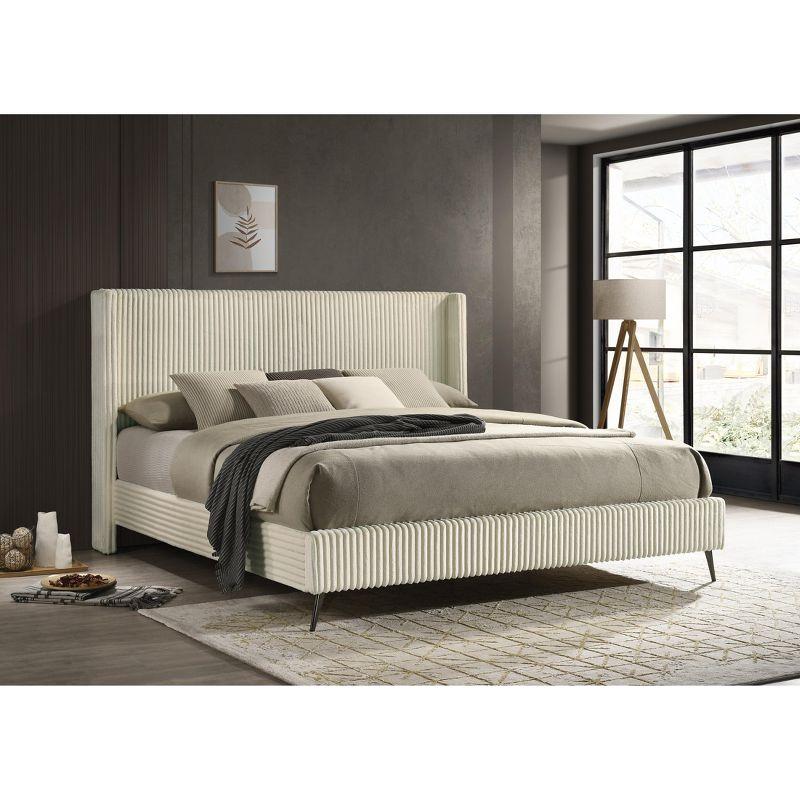 Roundhill Furniture Mavela Wide-wale Corduroy Upholstery Panel Bed with 2 Nightstands and Bench Cream Queen