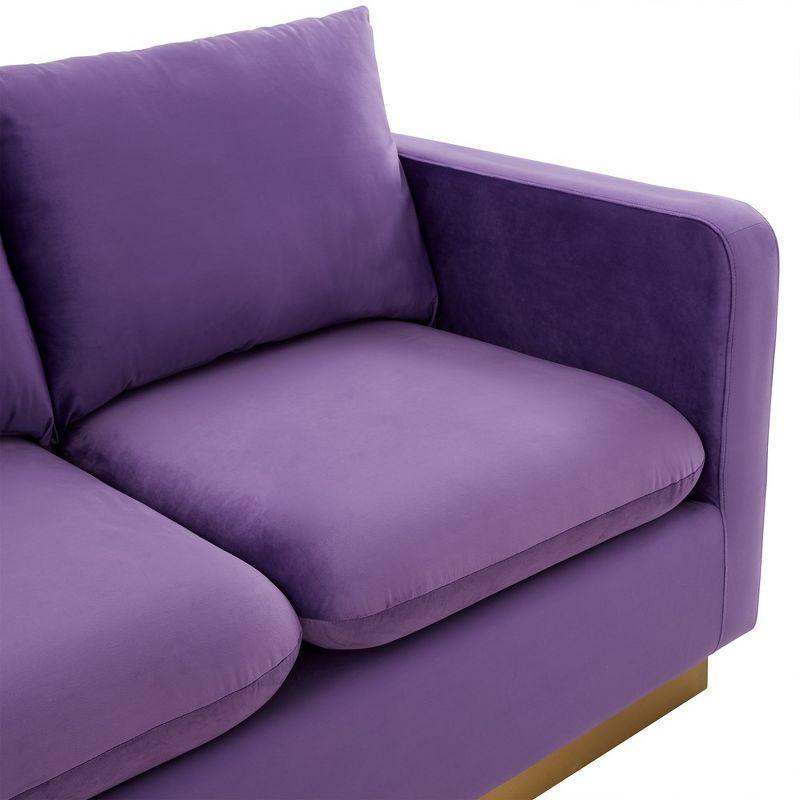 LeisureMod Nervo Mid-Century Modern Upholstered Velvet Loveseat with Gold Frame in Purple