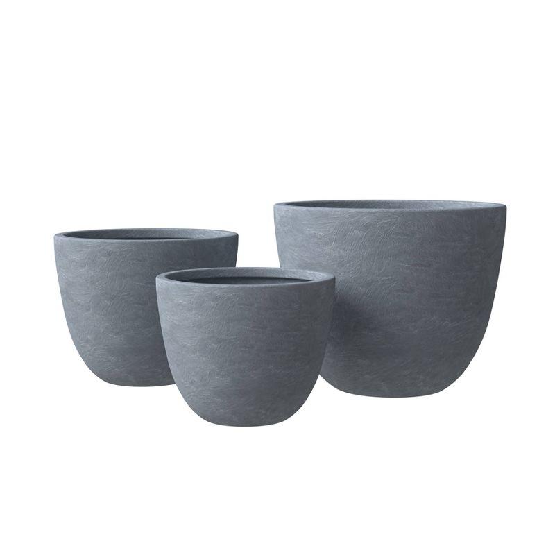 LeisureMod Dahlia Tapered Round Poly Stone Planter Set with Drainage – Weather-Resistant Planters for Indoor and Outdoor Patio Herb Garden, Set of 3