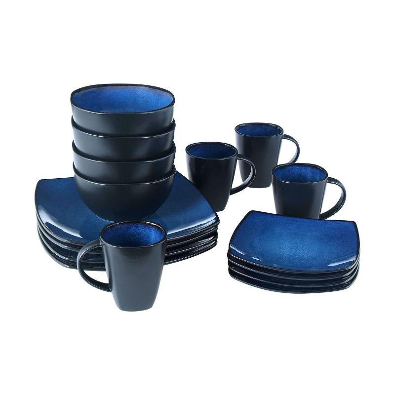 Gibson Elite Soho Lounge 16 Piece Reactive Glaze Durable Microwave and Dishwasher Safe Plates, Bowls, and Mugs Dinnerware Set, Blue