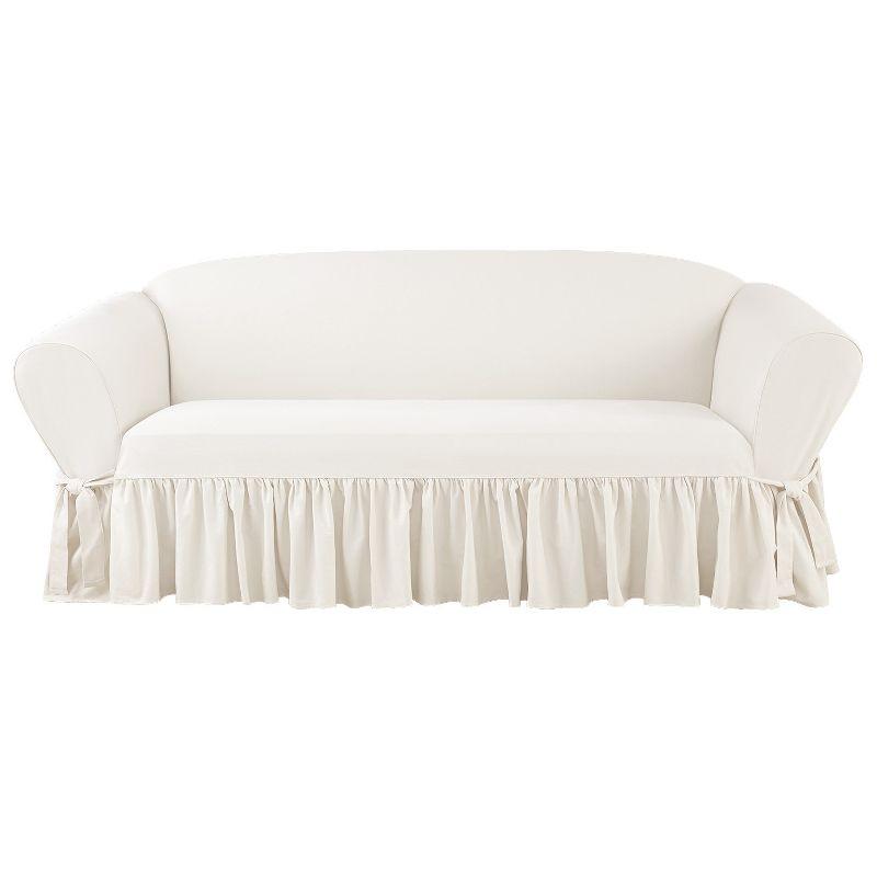 White Cotton Twill Ruffled Sofa Slipcover