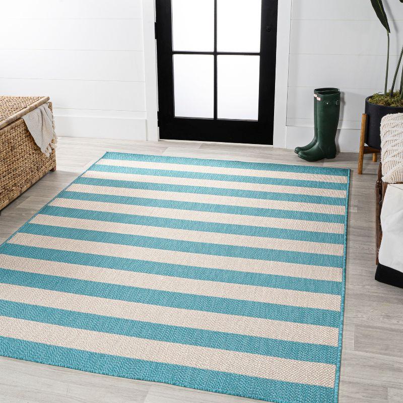 3' x 5' Negril Two-Tone Wide Stripe Indoor/Outdoor Area Rug, Aqua/Cream - JONATHAN Y
