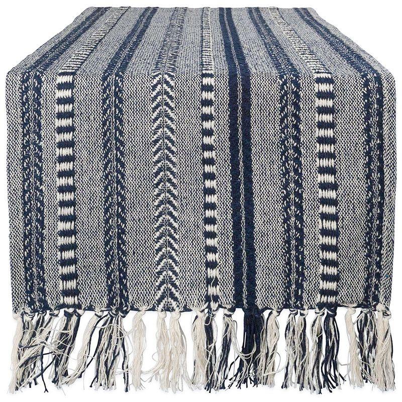 Design Imports  Braided Stripe Jacquard Fringe Table Runner, 15X108", Navy Blue