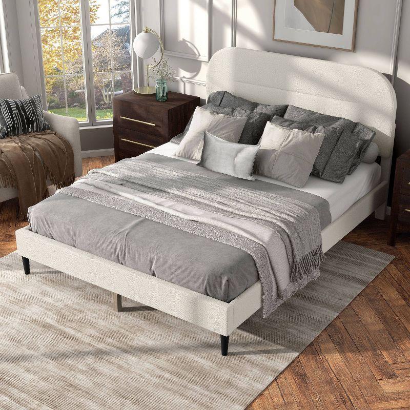 24/7 Shop At Home Queen Heartwild Modern Boucle Upholstered Rounded Platform Bed White: Padded Headboard, No Box Spring Required