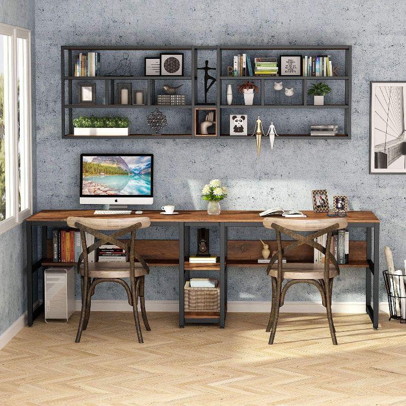 78.7" Brown Wood Double Desk with Open Storage Shelf