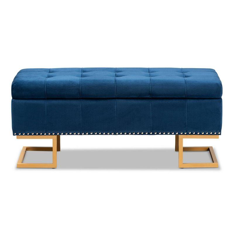 Ellery Velvet Fabric Upholstered Ottoman Gold/Blue - Baxton Studio: Storage, Nailhead Trim, Wood Frame
