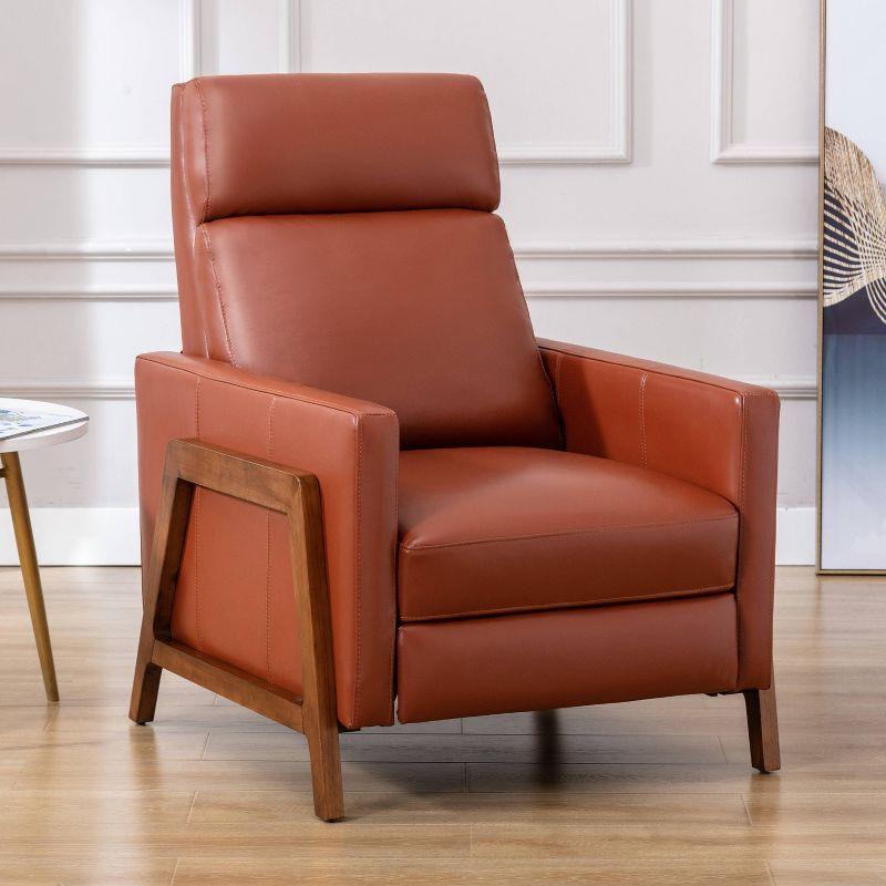 Modern Caramel Leather and Wood Push Back Recliner