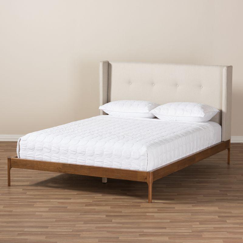 Brooklyn Mid Century Modern Walnut Wood Fabric Upholstered Platform Bed Beige - Baxton Studio