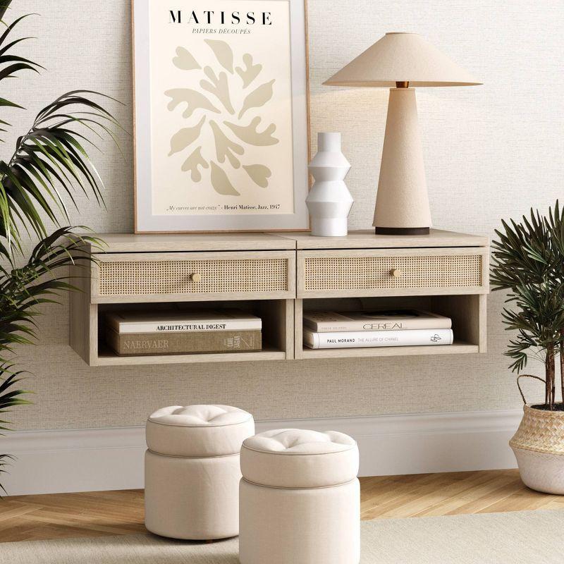 Nathan James Jackson Floating Side Table Rattan and Wood Light Oak: Bedside Shelf, Laminate Surface