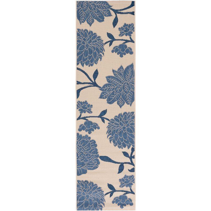 Beige and Blue Floral Synthetic Indoor/Outdoor Runner Rug