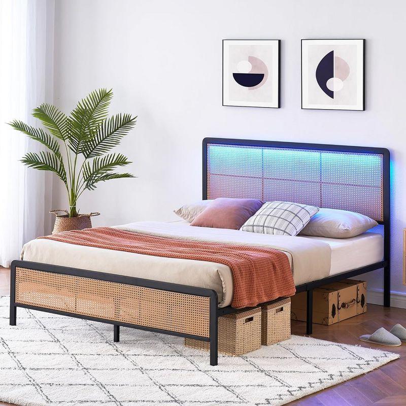 Garvee Rattan Platform Bed Frame Full Size with Headboard Led Light, Modern Style Cane Boho Bed Frames with Steel Slat Support, Black