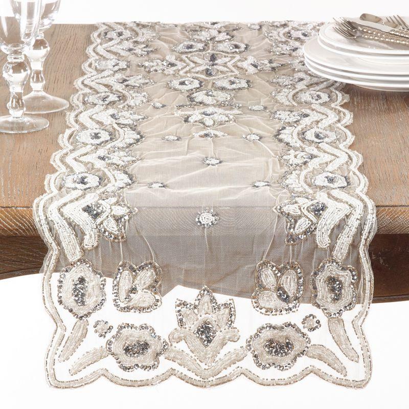 Elegant Silver Hand-Beaded Floral Table Runner