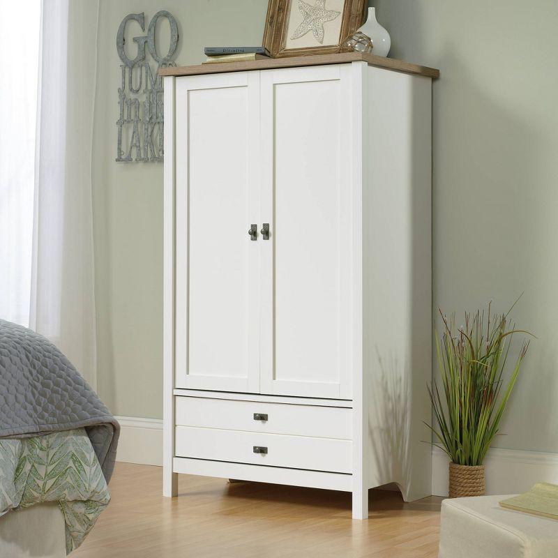 Cottage Charm Soft White Armoire with Lintel Oak Accents