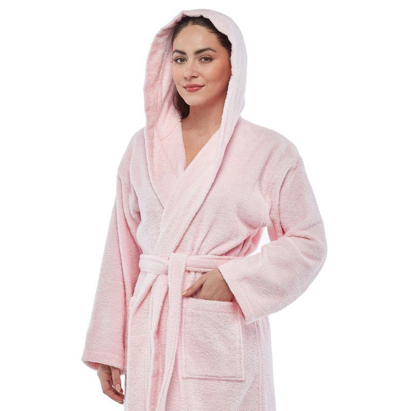 Arus Women's Turkish Terry Cotton Hooded Robe, Full Length Long Bathrobe with Hood , Rose , X Small