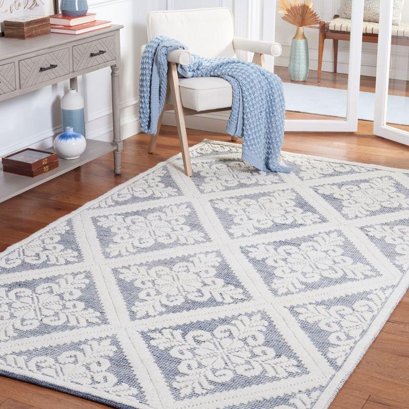 Hand-Knotted Blue and Ivory Wool Rectangular Area Rug