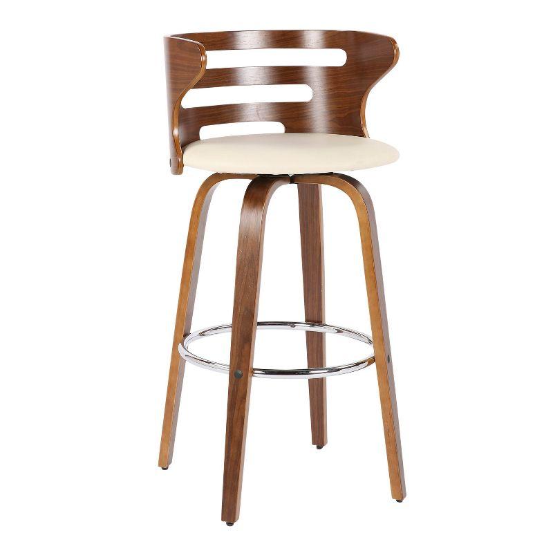 Mid-Century Modern Cream Leather Swivel Bar Stool with Walnut Wood