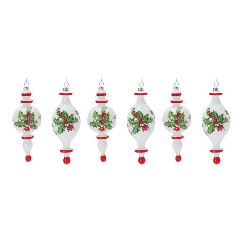 Holly Finial Drop Glass Ornaments Set of 6