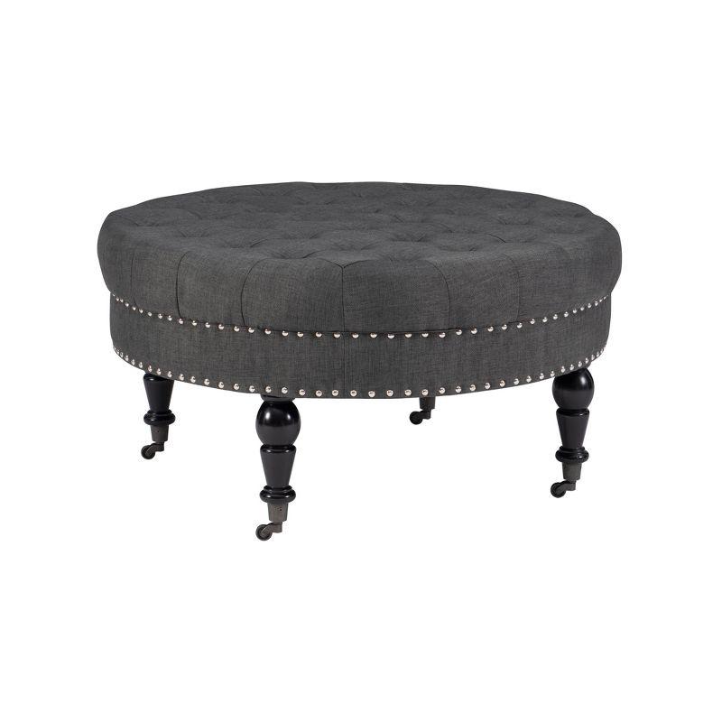 34.6" Isabelle Traditional Round Tufted Upholstered Wheeled Cocktail Ottoman Gray - Linon: Charcoal Linen, Silver Nailhead, Black Legs