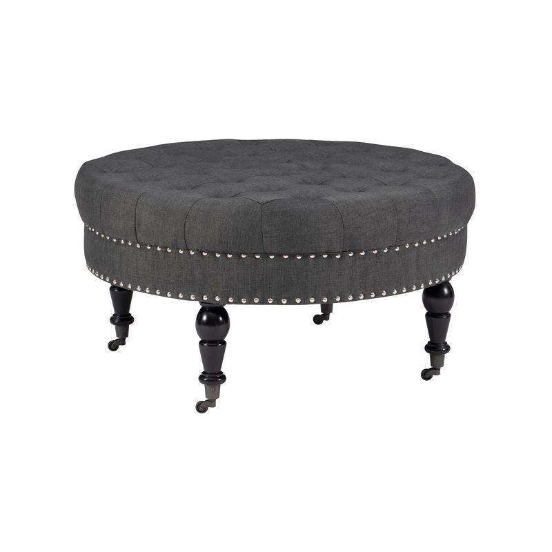 Charcoal Linen Tufted Round Ottoman with Nailhead Trim