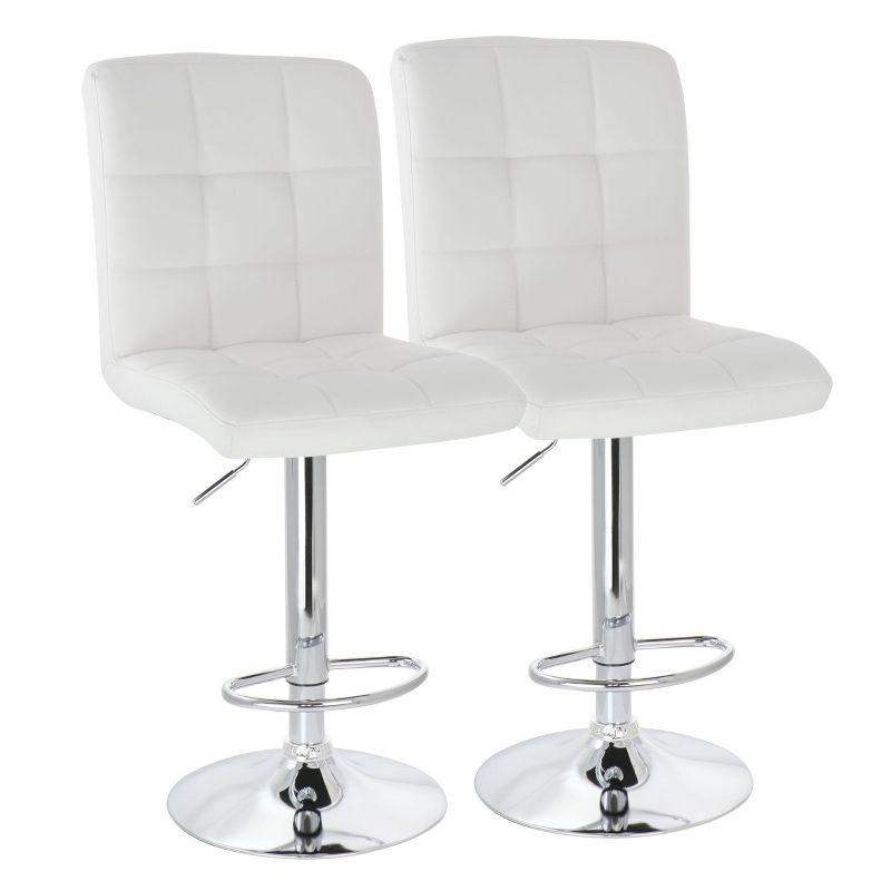 Elama White Square Tufted Faux Leather Adjustable Swivel Bar Stool