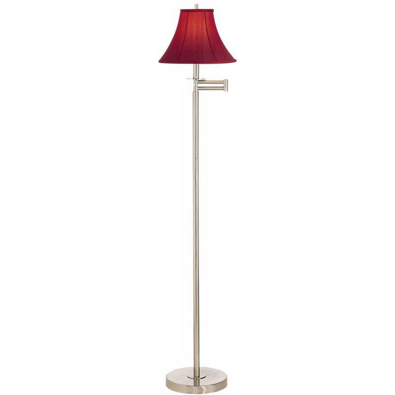 360 Lighting Modern Swing Arm Floor Lamp 60.5" Tall Brushed Nickel Red Silk Dupioni Bell Shade for Living Room Reading Bedroom Office