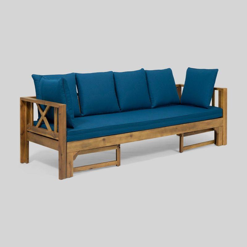 Long Beach Acacia Wood Extendable Daybed Sofa with Teal Cushions