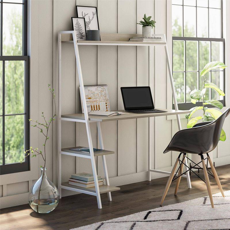 Pale Oak and White Metal Ladder Desk with Shelves