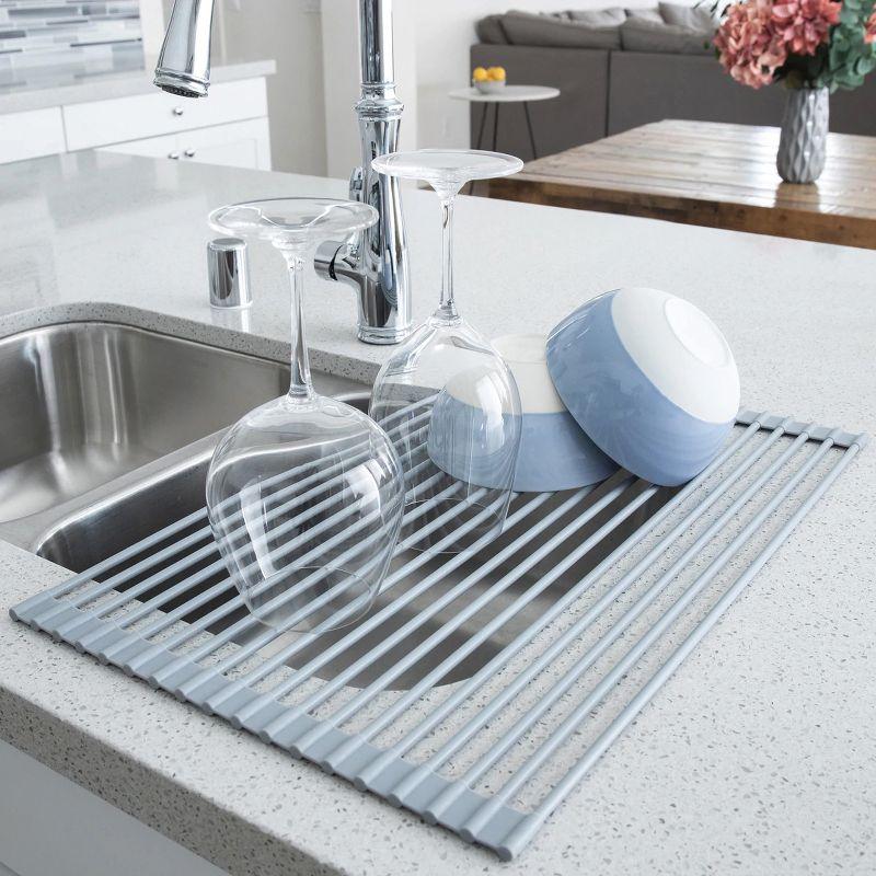 Gray Foldable Silicone-Coated Steel Over-the-Sink Drying Rack