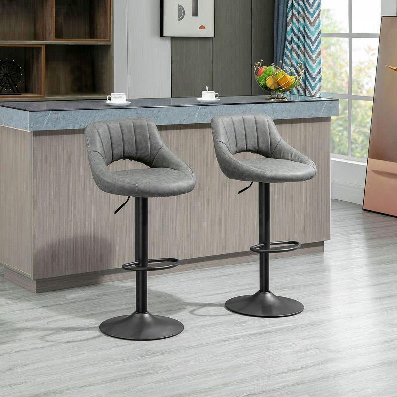 HOMCOM Modern Bar Stools Set of 2 Swivel Bar Height Barstools Chairs with Adjustable Height, Round Heavy Metal Base, and Footrest