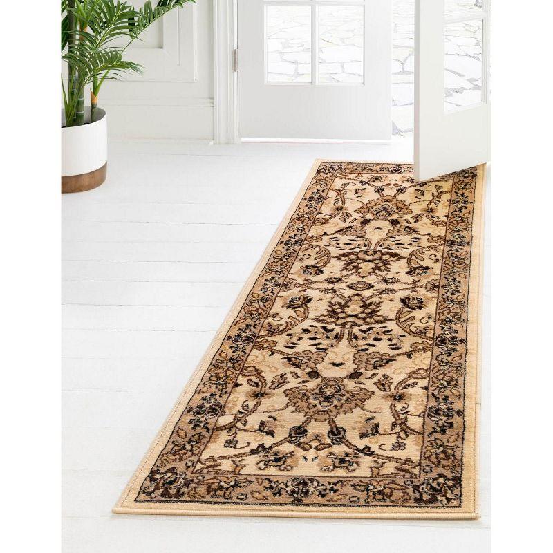 Ivory and Tan Floral Synthetic Runner Rug