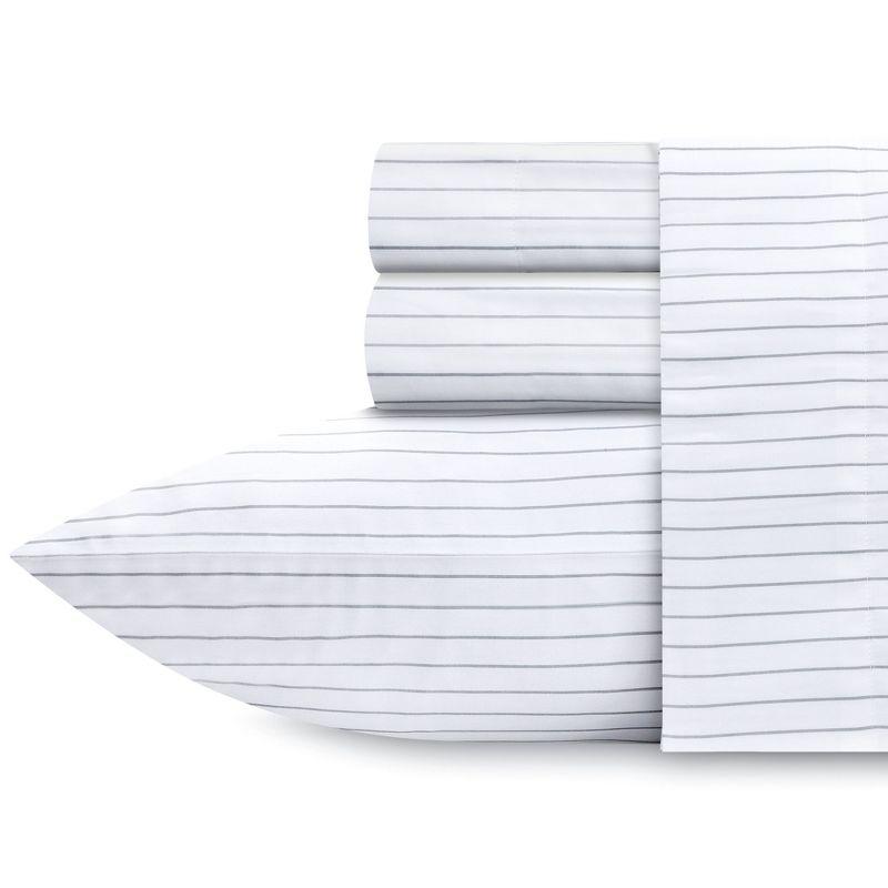 Queen Pinstripe White and Gray Cotton Deep Pocket Sheet Set