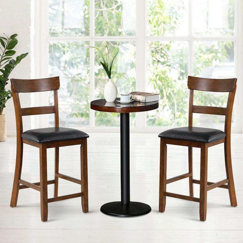 Set of 2 Brown Rubber Wood Counter Height Chairs with Black Leather Seats