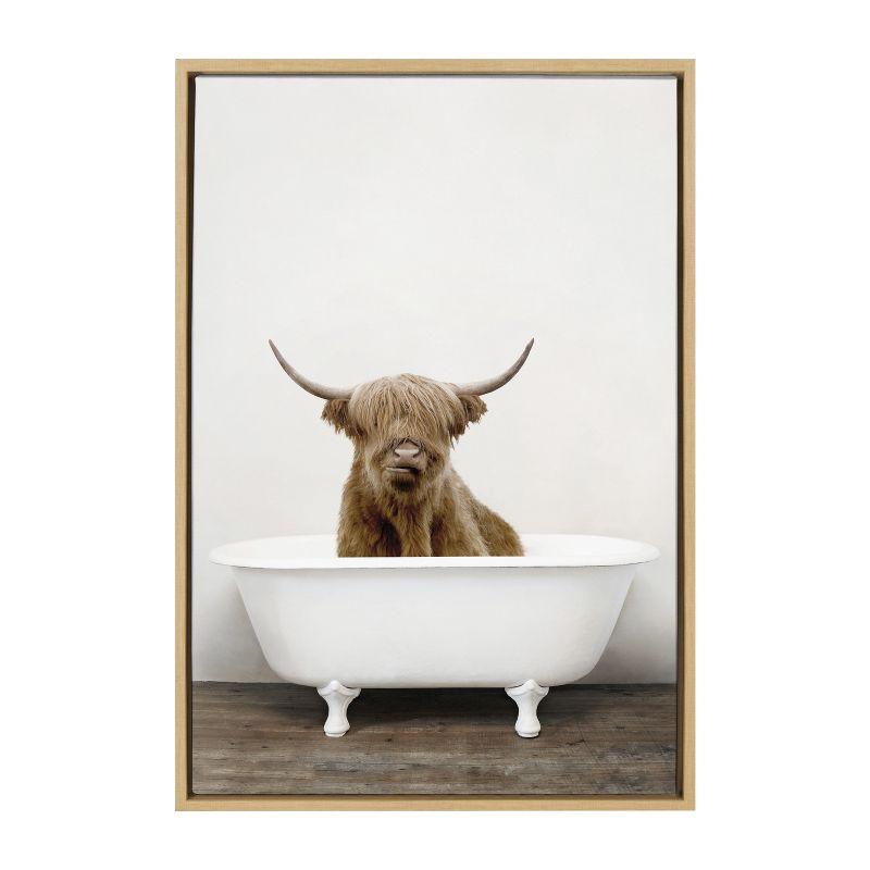 Kate and Laurel Sylvie Highland Cow in Tub Color Framed Canvas by Amy Peterson Art Studio, 23x33, Natural