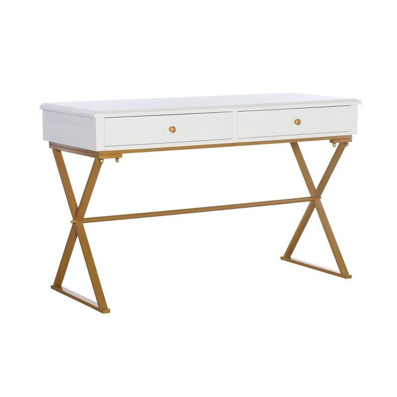 Trestle-Style White and Brass 2-Drawer Campaign Desk