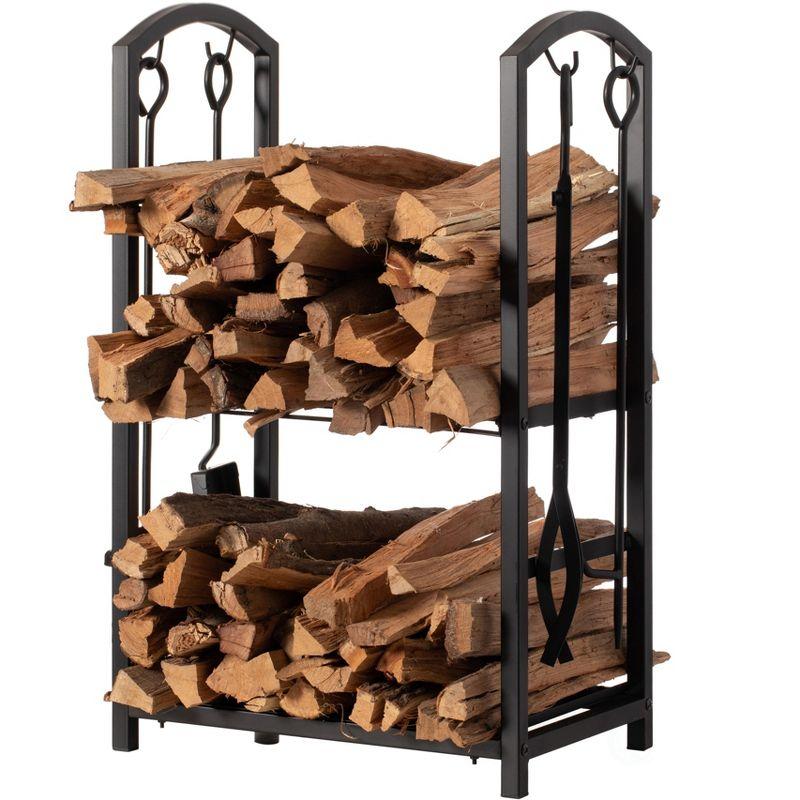 Gardenised Indoor and Outdoor Patio Iron Firewood Log Cart with Fireplace Tool Rack, Black