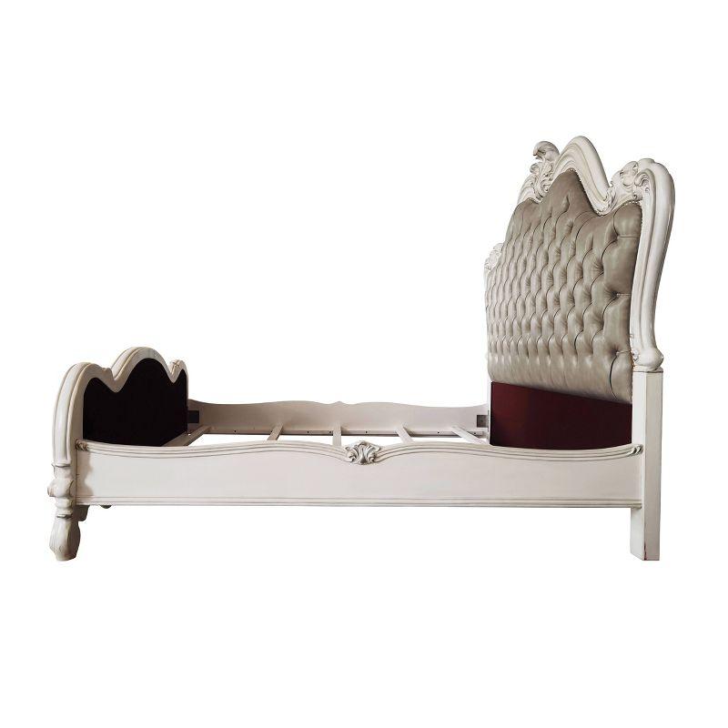 99" Queen Bed Versailles Vintage Gray PU Leather, Button Tufted - Acme Furniture: Claw & Ball Feet, Fluted Crown