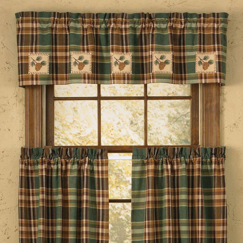 Green and Brown Plaid Cotton Valance with Pinecone Patches