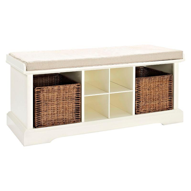 White Rustic Entryway Storage Bench with Wicker Baskets