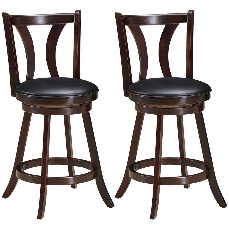 Set of 2 Brown Swivel Bar Stools with Leather Padded Seats