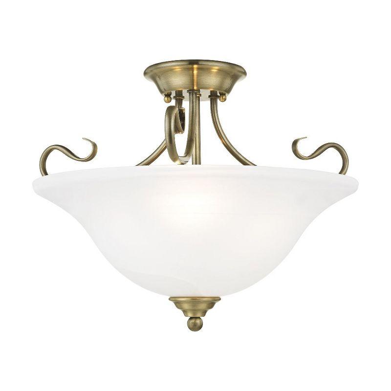 Antique Brass 3-Light Semi-Flush Mount with White Alabaster Glass