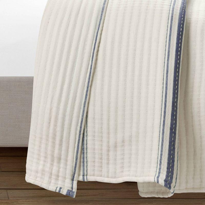 Farmhouse Stripe Kantha Pick Stitch Navy Cotton King Quilt/Coverlet